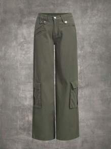 ROMWE Grunge Punk 翻蓋口袋工裝牛仔褲 - 軍綠色 - 查看 5