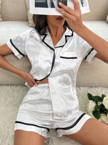 撞色滾邊緞面睡衣套裝 - 黑與白 - 查看 3