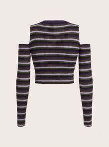 ROMWE Goth Cross Embroidery Striped Cold Shoulder Crop Sweater - Multicolor - View 2