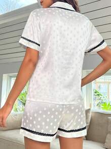 撞色滾邊緞面睡衣套裝 - 黑與白 - 查看 2