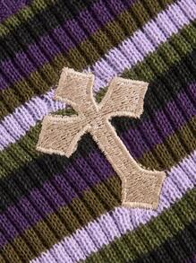 ROMWE Goth Cross Embroidery Striped Cold Shoulder Crop Sweater - Multicolor - View 4