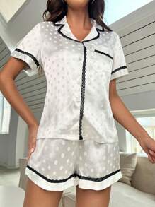 撞色滾邊緞面睡衣套裝 - 黑與白 - 查看 6