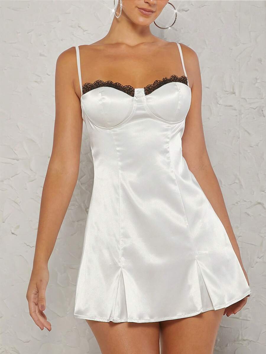 SHEIN Unity Váy suông ren satin Peekaboo thanh lịch - trắng - Xem 1