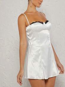 SHEIN Unity Váy suông ren satin Peekaboo thanh lịch - trắng - Xem 4