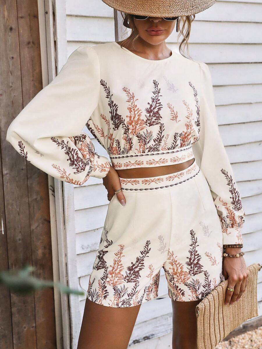 SHEIN LUNE 植物圖案燈籠袖短款襯衫和短褲 - 杏色 - 查看 1