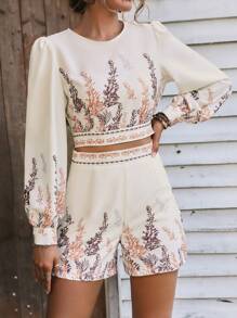 SHEIN LUNE 植物圖案燈籠袖短款襯衫和短褲 - 杏色 - 查看 3