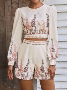 SHEIN LUNE 植物圖案燈籠袖短款襯衫和短褲 - 杏色 - 查看 4