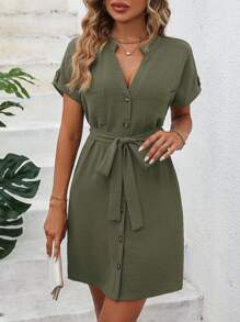 SHEIN LUNE Cuộn lên tay áo Thắt lưng Váy sơ mi - xanh quân đội - Xem 5
