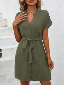 SHEIN LUNE Cuộn lên tay áo Thắt lưng Váy sơ mi - xanh quân đội - Xem 6