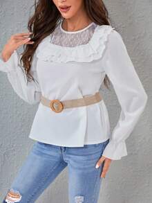 SHEIN Unity 蕾絲拼接荷葉邊喇叭袖襯衫不附腰帶 - 白色 - 查看 3