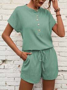SHEIN LUNE 半排扣蝙蝠袖襯衫&前繫帶短褲 - 綠色 - 查看 6