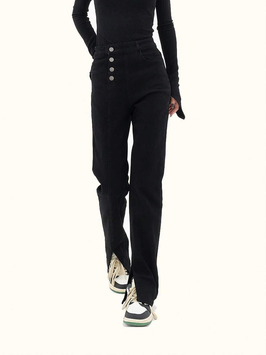 Cao eo Nút Bay Quần legging thẳng - màu đen - Xem 1