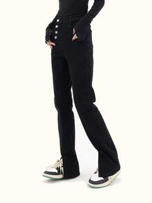 Cao eo Nút Bay Quần legging thẳng - màu đen - Xem 3