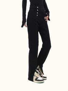 Cao eo Nút Bay Quần legging thẳng - màu đen - Xem 4