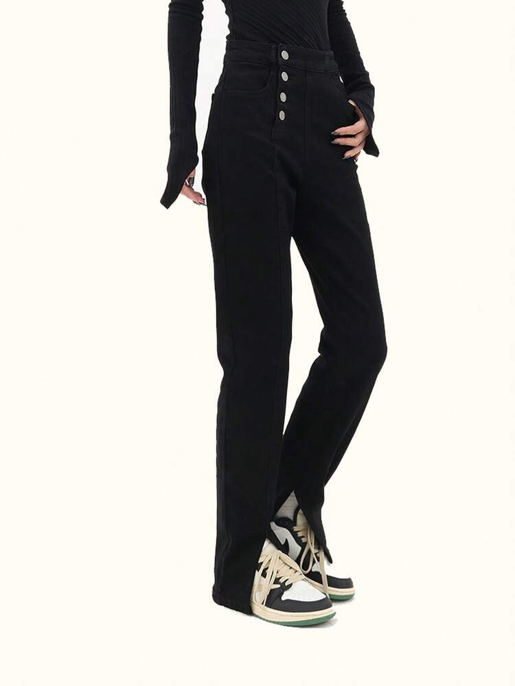 Jeans de pierna recta de talle alto con botón - Negro - Ver 4