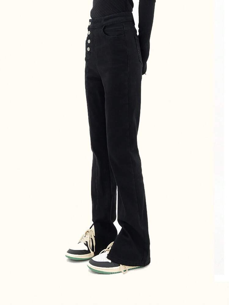 Jeans de pierna recta de talle alto con botón - Negro - Ver 5