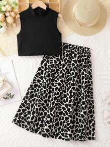 SHEIN Tween Girl Mock Neck Tank Top & Allover Print Skirt - Black - View 1
