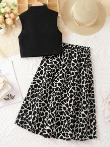 SHEIN Tween Girl Mock Neck Tank Top & Allover Print Skirt - Black - View 2