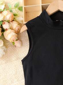 SHEIN Tween Girl Mock Neck Tank Top & Allover Print Skirt - Black - View 6