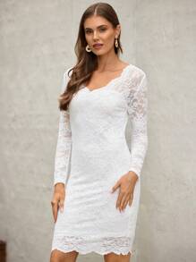 EMERY ROSE Solid Scallop Trim Lace Dress - White - View 5