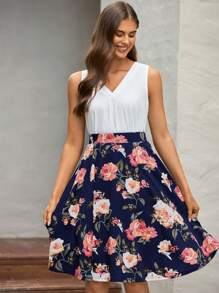 EMERY ROSE Floral Print Flare Skirt - Navy Blue - View 5