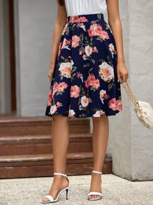 EMERY ROSE Floral Print Flare Skirt - Navy Blue - View 6
