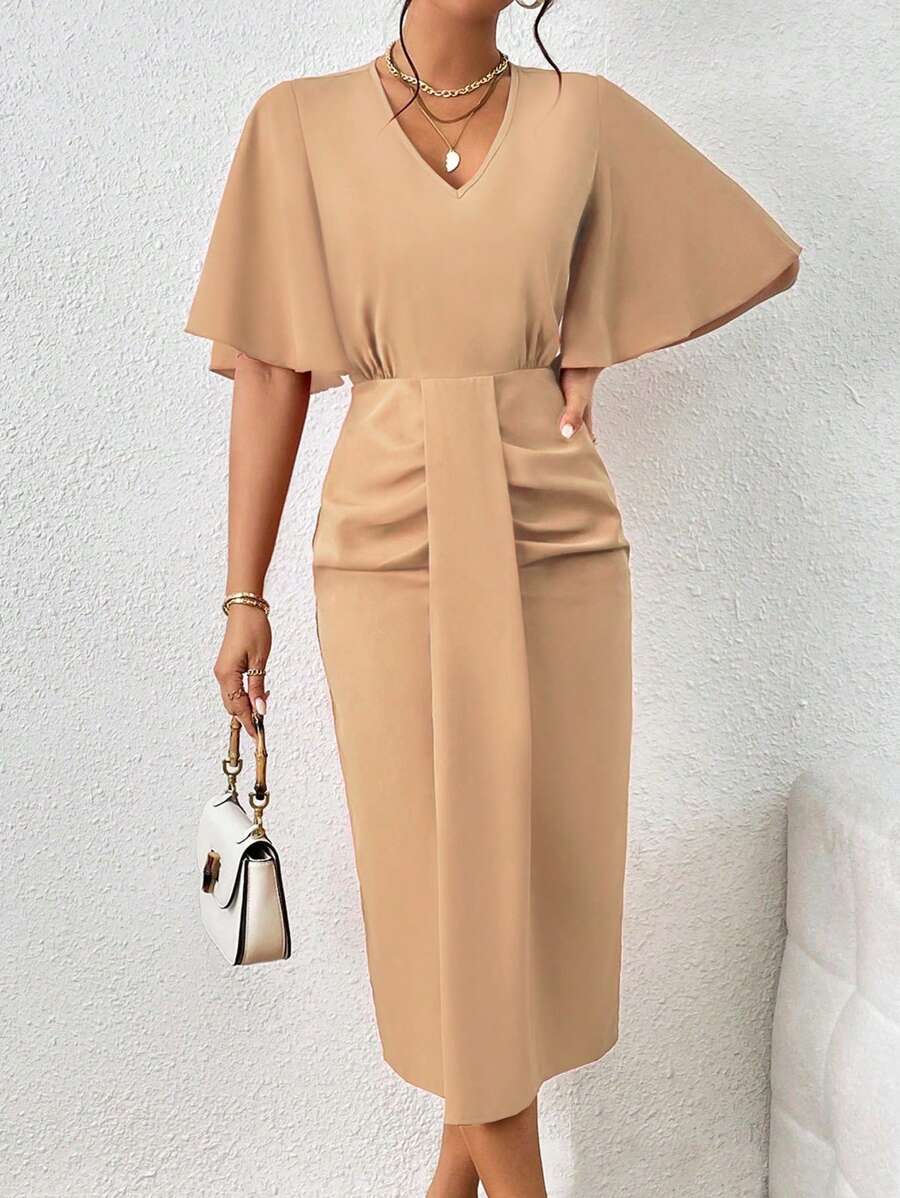 Chiquease Solid Batwing Sleeve Ruched Front Dress - Khaki - View 1