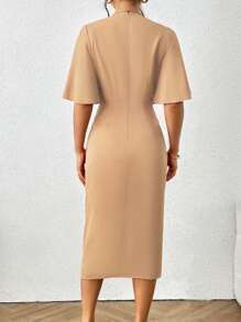 Chiquease Solid Batwing Sleeve Ruched Front Dress - Khaki - View 2