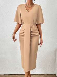 Chiquease Solid Batwing Sleeve Ruched Front Dress - Khaki - View 4