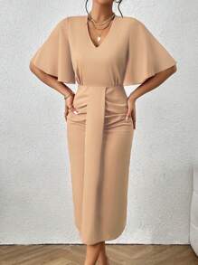 Chiquease Solid Batwing Sleeve Ruched Front Dress - Khaki - View 5
