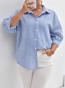 SHEIN Frenchy Plus Striped Print Drop Shoulder Shirt Summer Tops Vacation Clothes - Blue and White - View 1