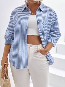 SHEIN Frenchy Plus Striped Print Drop Shoulder Shirt Summer Tops Vacation Clothes - Blue and White - View 3
