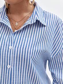 SHEIN Frenchy Plus Striped Print Drop Shoulder Shirt Summer Tops Vacation Clothes - Blue and White - View 4