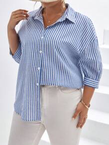 SHEIN Frenchy Plus Striped Print Drop Shoulder Shirt Summer Tops Vacation Clothes - Blue and White - View 5