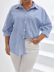 SHEIN Frenchy Plus Striped Print Drop Shoulder Shirt Summer Tops Vacation Clothes - Blue and White - View 7