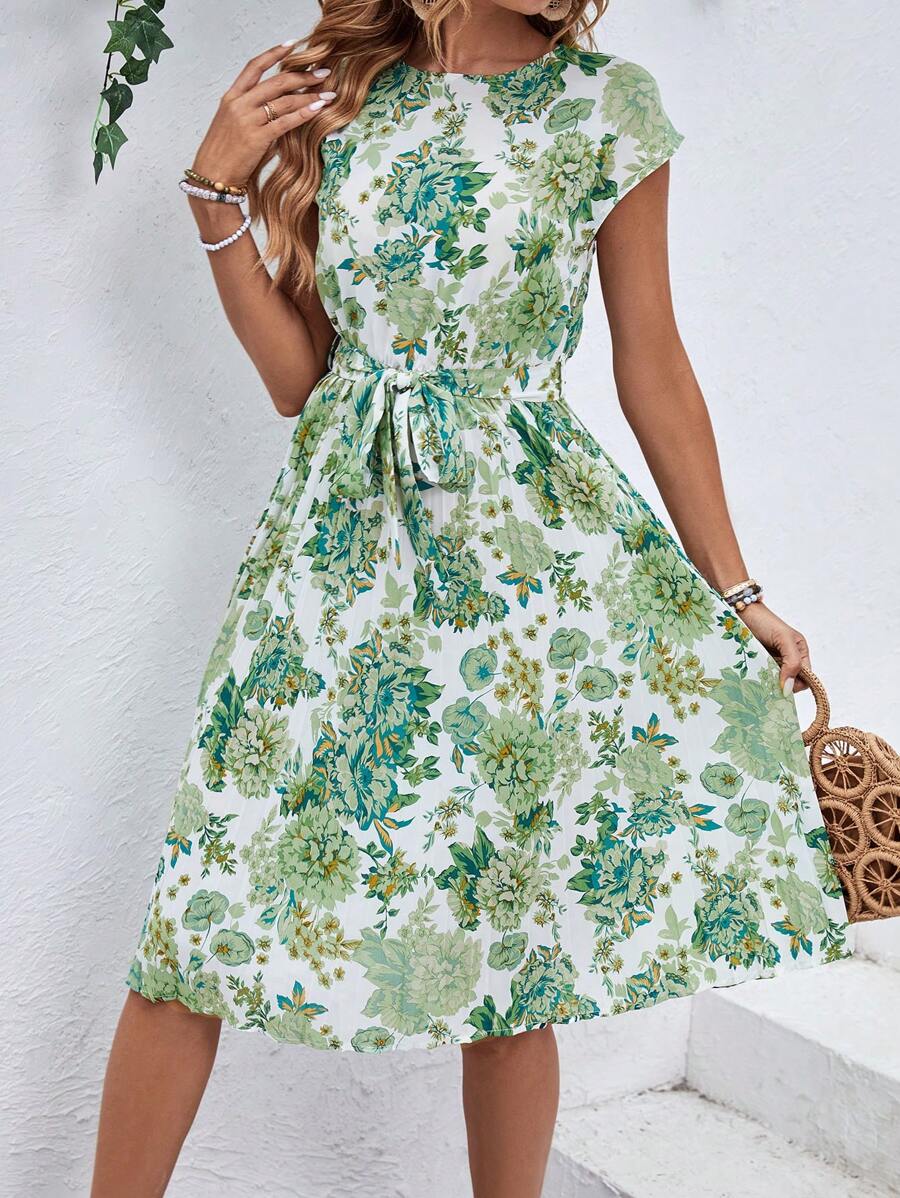 SHEIN LUNE Vestido con cinturón con estampado floral - Blanco - Ver 1