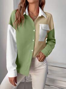 SHEIN LUNE Khối màu Thả vai Túi có nắp Áo sơ mi - Nhiều màu - Xem 3