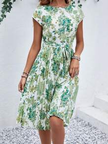 SHEIN LUNE Vestido con cinturón con estampado floral - Blanco - Ver 3