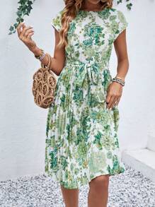 SHEIN LUNE Vestido con cinturón con estampado floral - Blanco - Ver 4