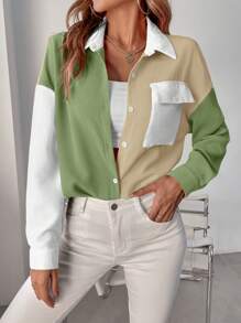 SHEIN LUNE Khối màu Thả vai Túi có nắp Áo sơ mi - Nhiều màu - Xem 6