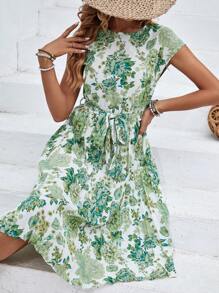 SHEIN LUNE Vestido con cinturón con estampado floral - Blanco - Ver 5