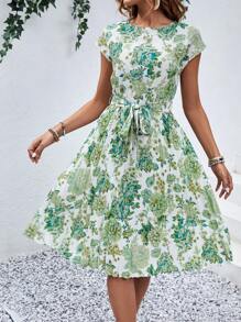 SHEIN LUNE Vestido con cinturón con estampado floral - Blanco - Ver 6