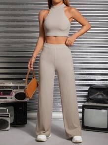 SHEIN PETITE unicolor Top halter & Pantalones de pierna ancha - Caqui - Ver 1