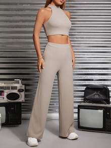 SHEIN PETITE unicolor Top halter & Pantalones de pierna ancha - Caqui - Ver 3