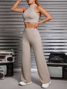 SHEIN PETITE unicolor Top halter & Pantalones de pierna ancha - Caqui - Ver 4