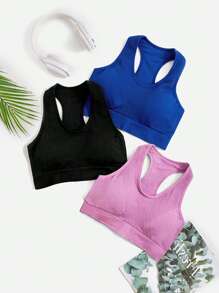 Yoga Basic 3入組無縫高度支撐工字運動型文胸 - 彩色 - 查看 1