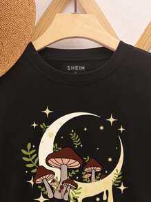 INAWLY 蘑菇和月亮印花 T 恤 图案 T 恤 女式上衣
