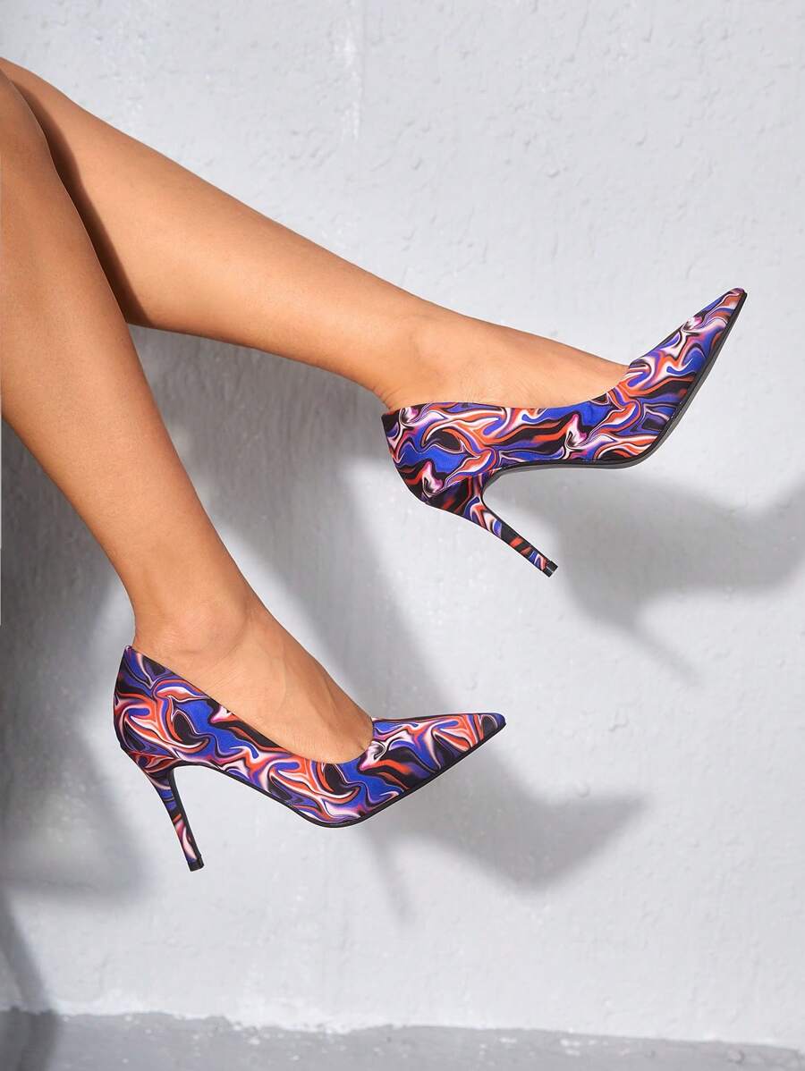 SheIn SXY Giày cao gót có họa tiết hoa văn dành cho nữ, Giày cao gót bằng vải ngoài trời thời trang - Nhiều màu - Xem 1