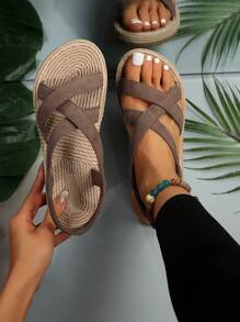 女士交叉帶露跟涼鞋,度假夏天仿麂皮平底涼鞋