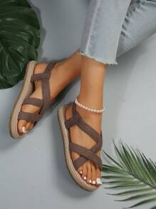 女士交叉帶露跟涼鞋,度假夏天仿麂皮平底涼鞋